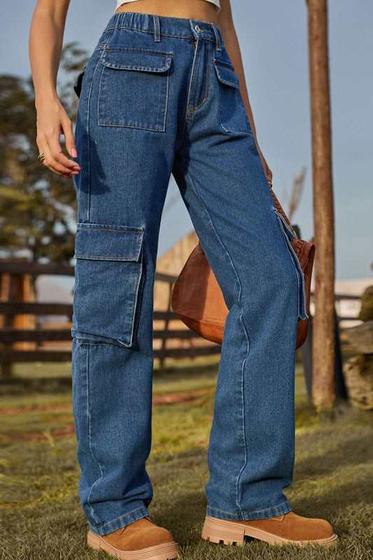 Loose Fit Long Jeans with Pockets - TRENDMELO