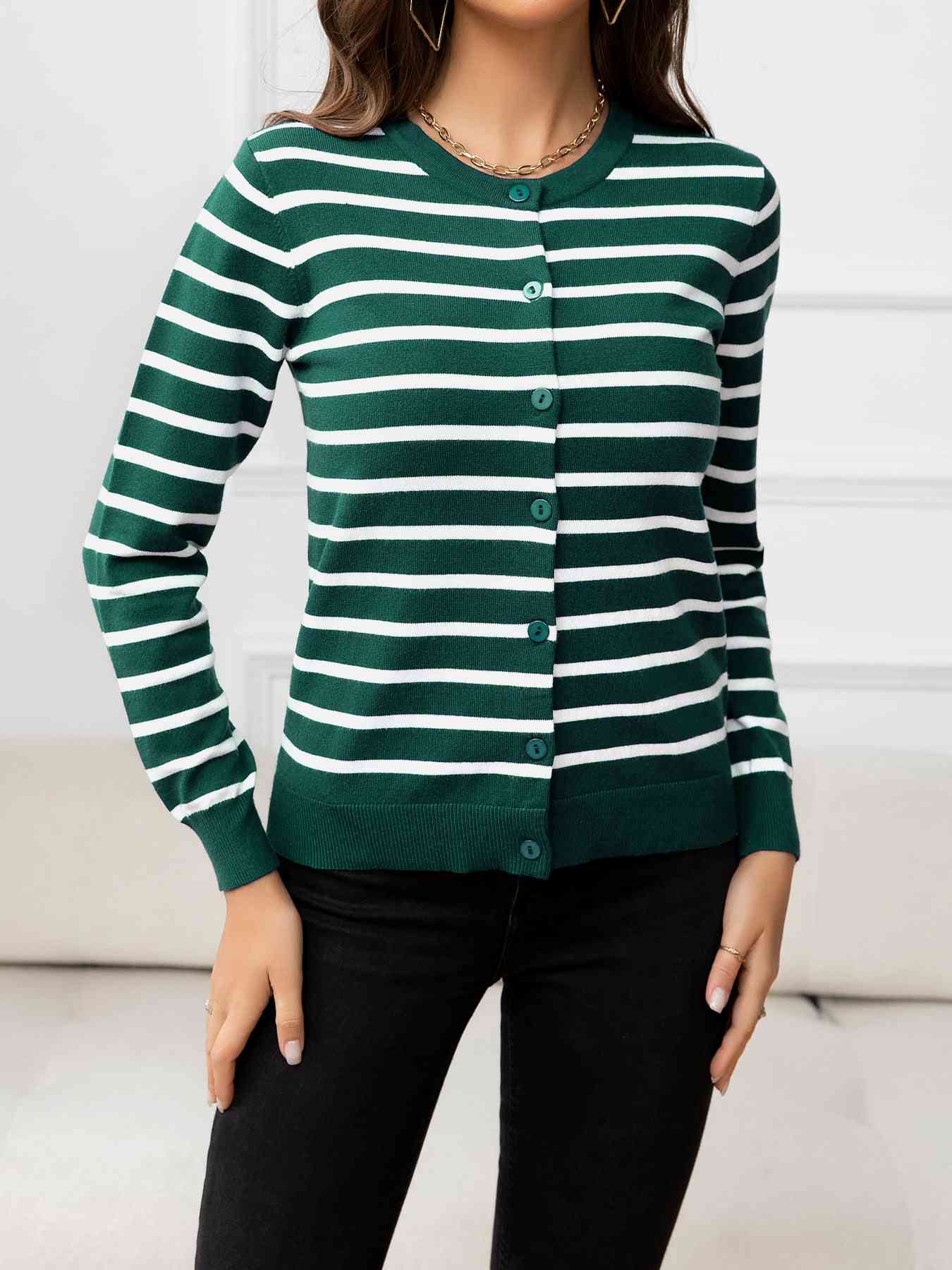 Striped Round Neck Long Sleeve Buttoned Knit Top - TRENDMELO
