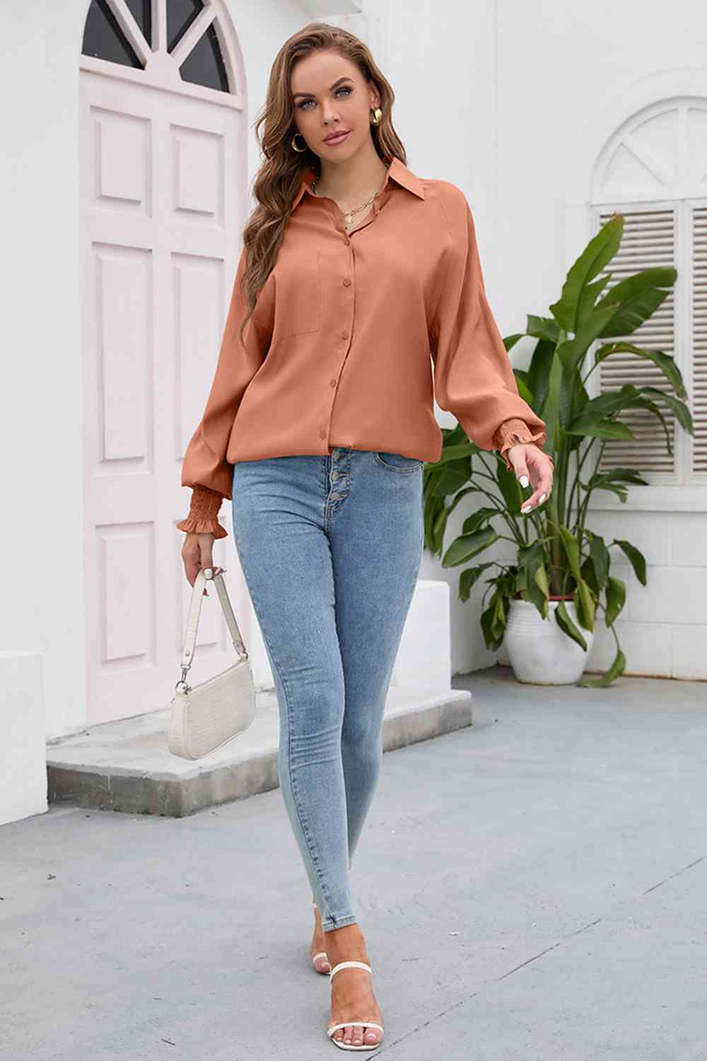 High-Low Collared Neck Lantern Sleeve Shirt - TRENDMELO