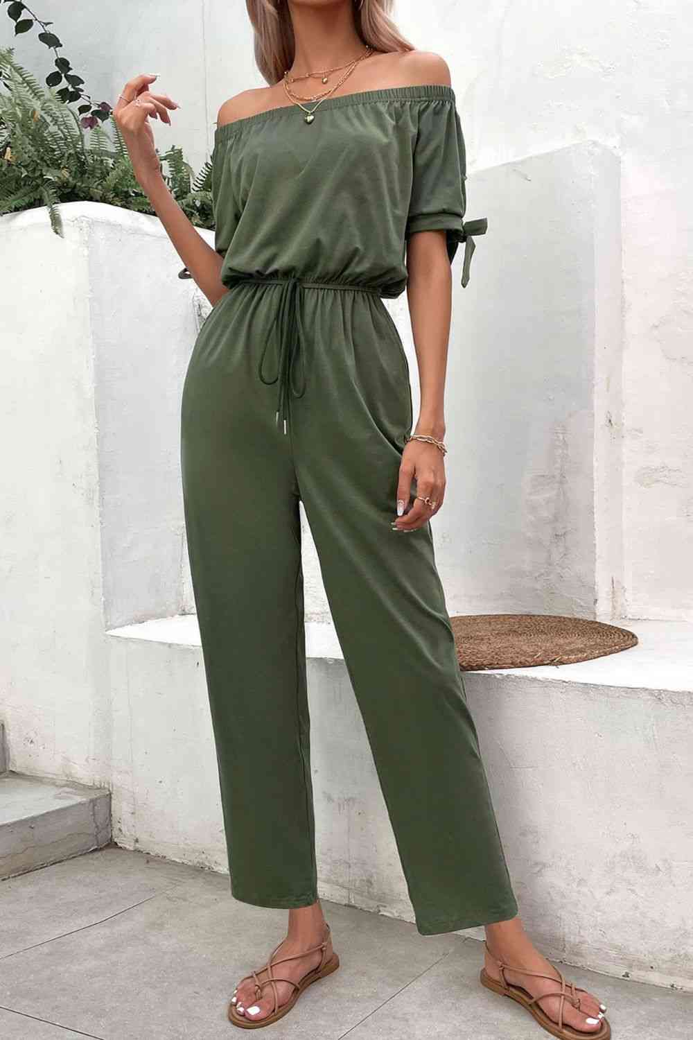 Off-Shoulder Tie Cuff Jumpsuit with Pockets - TRENDMELO