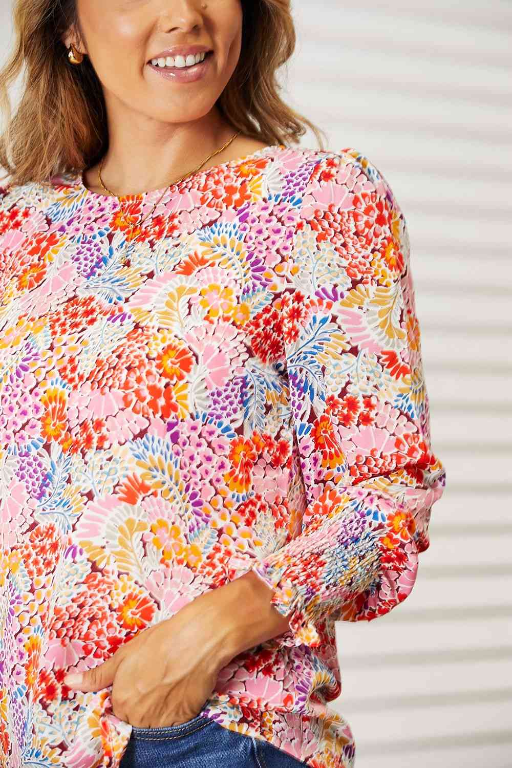 Double Take Floral Print Long Puff Sleeve Blouse - TRENDMELO