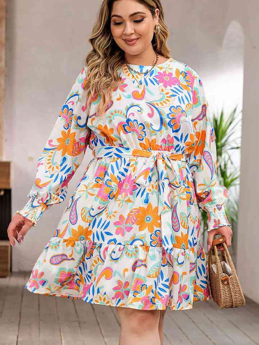 Plus Size Round Neck Lantern Sleeve Dress - TRENDMELO