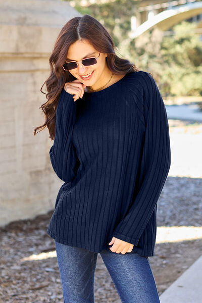 Basic Bae Full Size Ribbed Round Neck Long Sleeve Knit Top - TRENDMELO