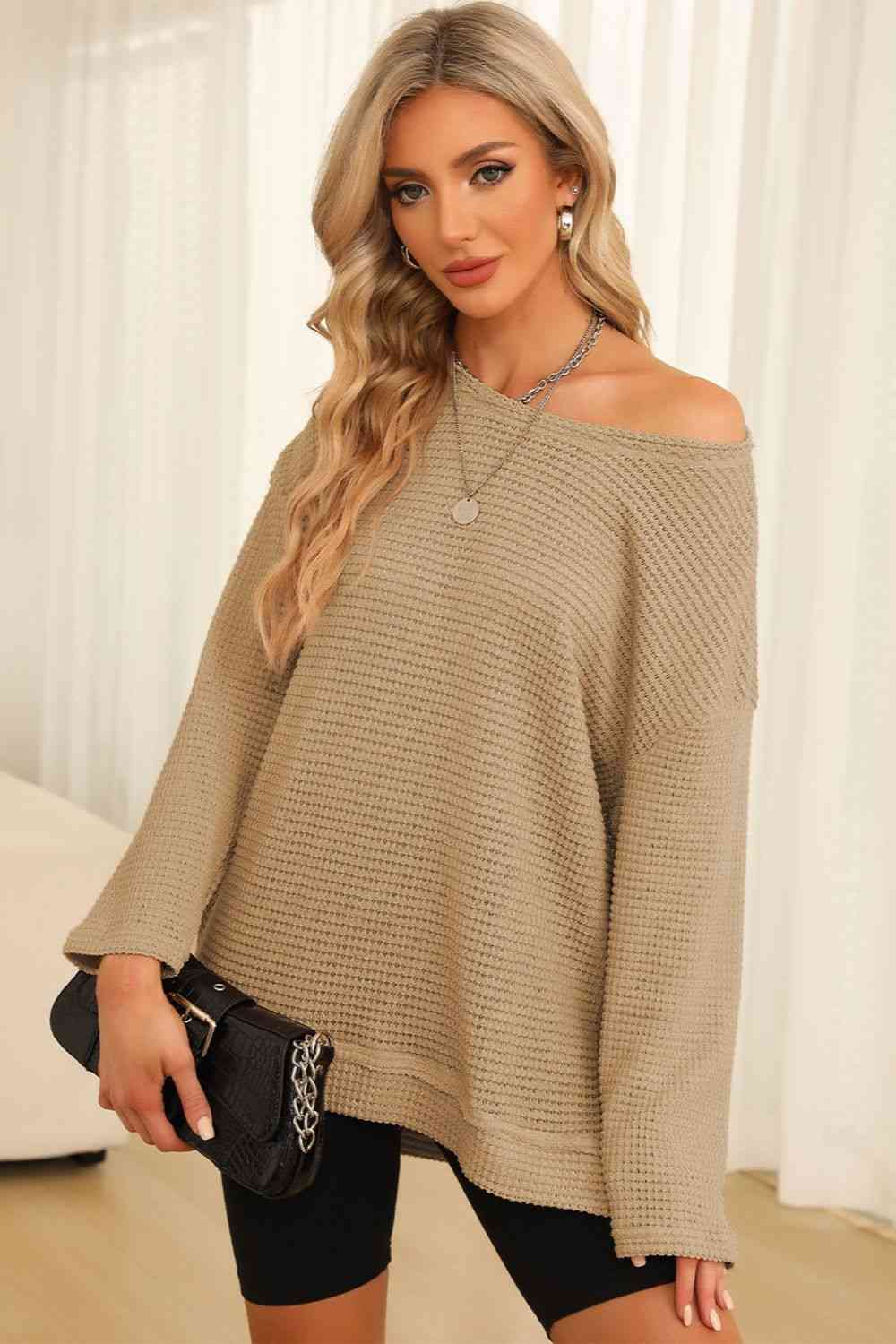 Waffle-Knit Round Neck Long Sleeve Sweatshirt - TRENDMELO