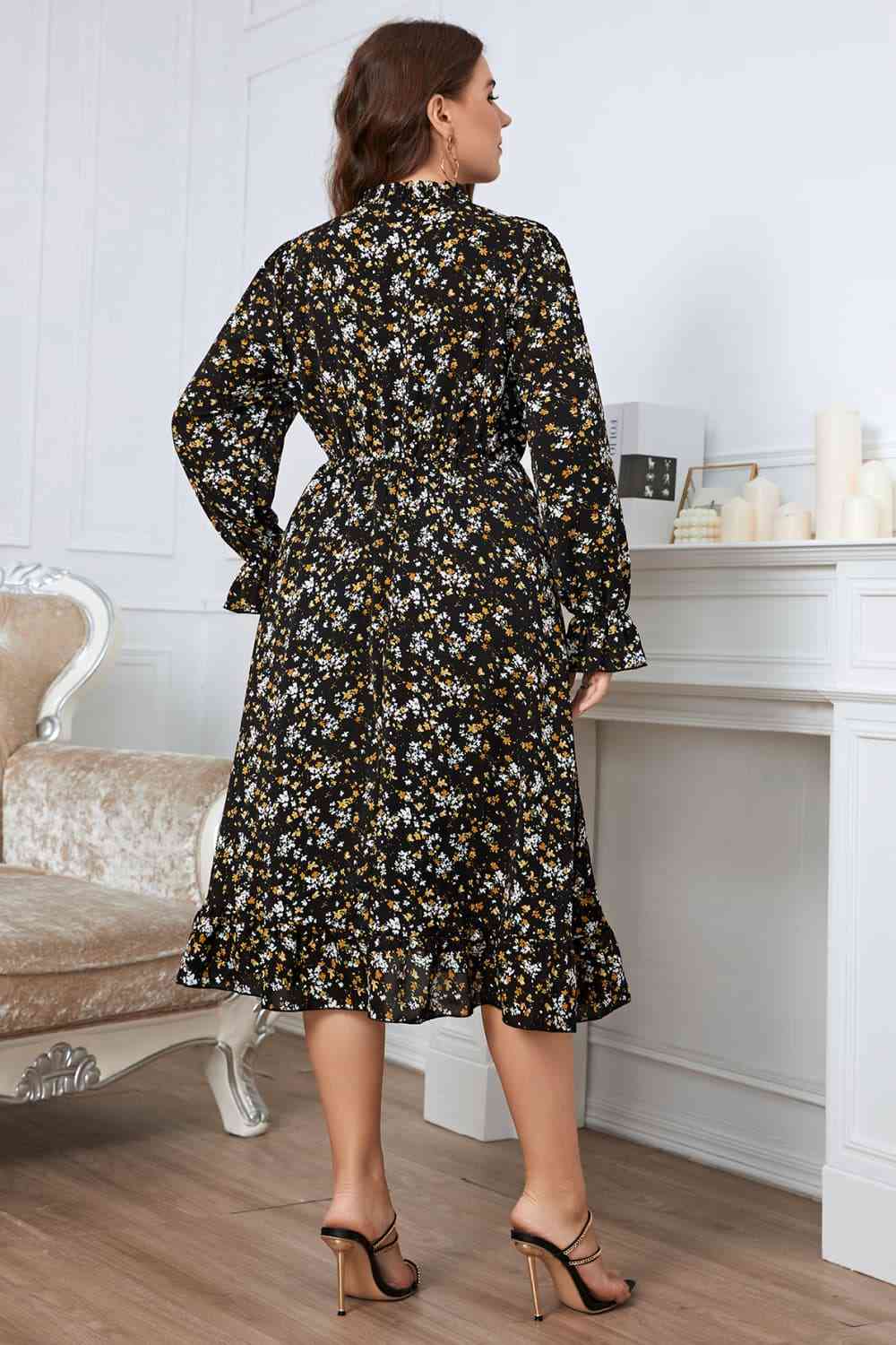 Melo Apparel Plus Size Floral Flounce Sleeve Midi Dress - TRENDMELO