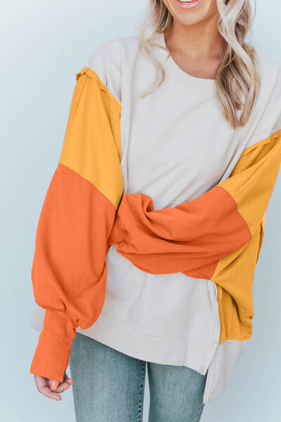 Color Block Exposed Seam Lantern Sleeve Sweatshirt - TRENDMELO