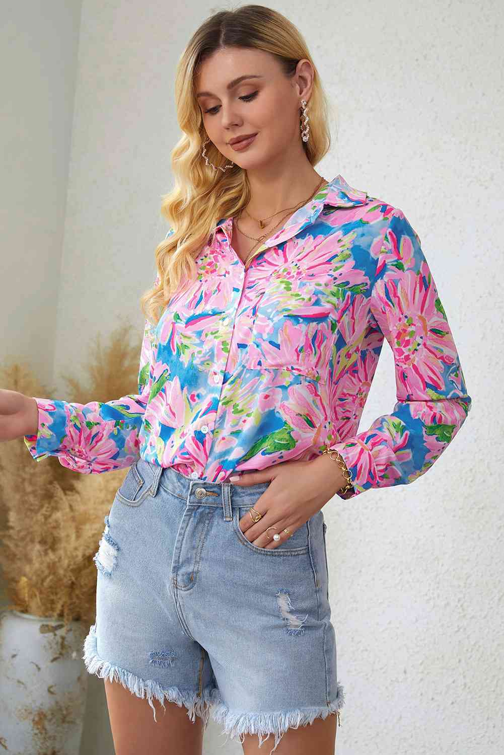 Double Take Floral Long Sleeve Collared Shirt - TRENDMELO