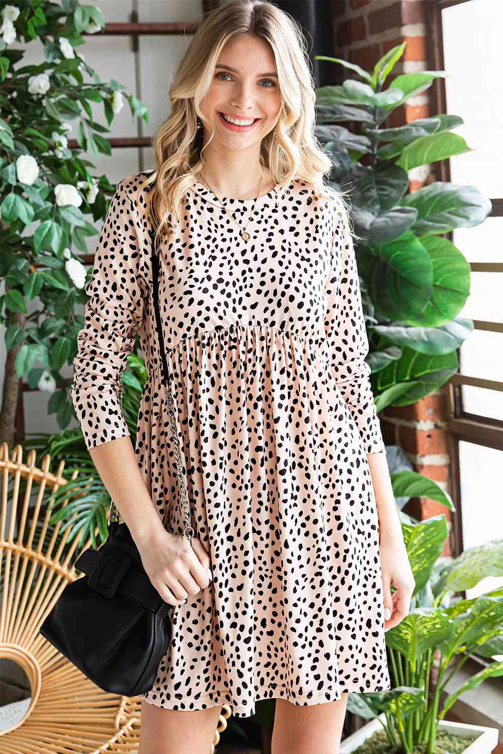 Printed Round Neck Long Sleeve Dress - TRENDMELO