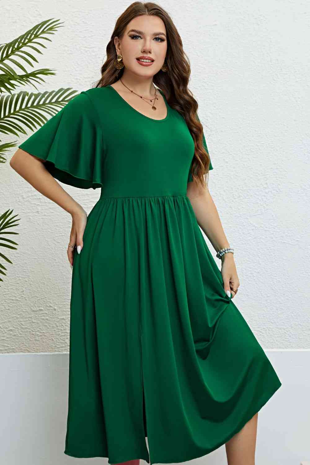 Flutter Sleeve Round Neck Dress - TRENDMELO