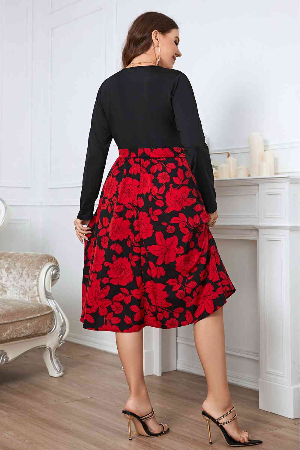 Plus Size Floral Surplice Neck Long Sleeve Dress - TRENDMELO