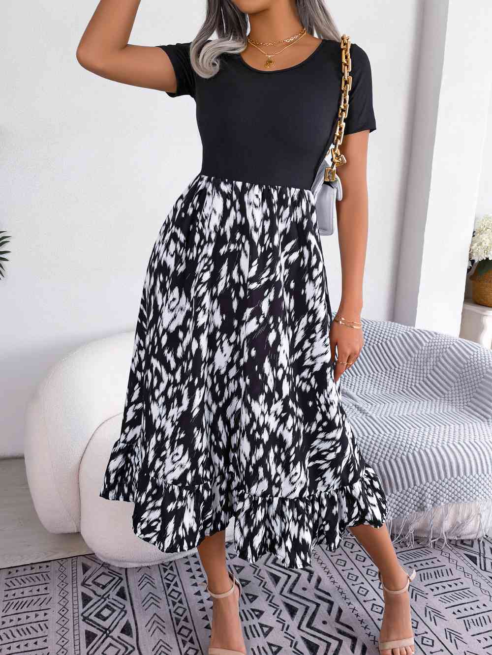 Printed Round Neck Ruffle Hem Dress - TRENDMELO