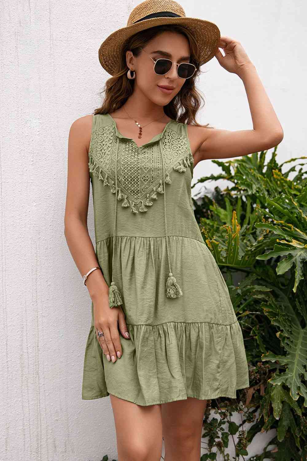 Tassel Tie Lace Trim Sleeveless Dress - TRENDMELO