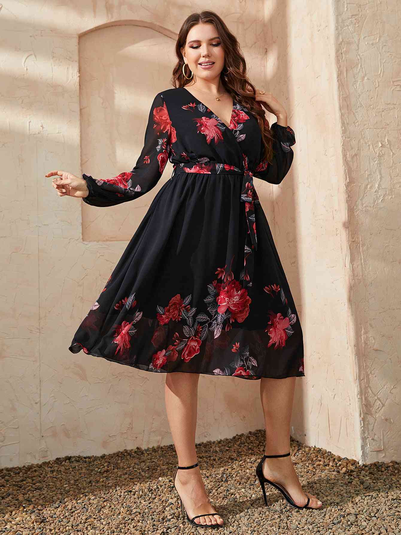 Plus Size Floral Surplice Neck Tie Waist Dress - TRENDMELO