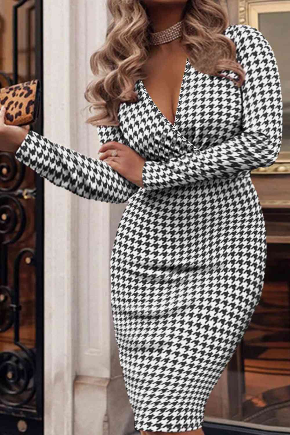 Plus Size Houndstooth Surplice Neck Long Sleeve Pencil Dress - TRENDMELO