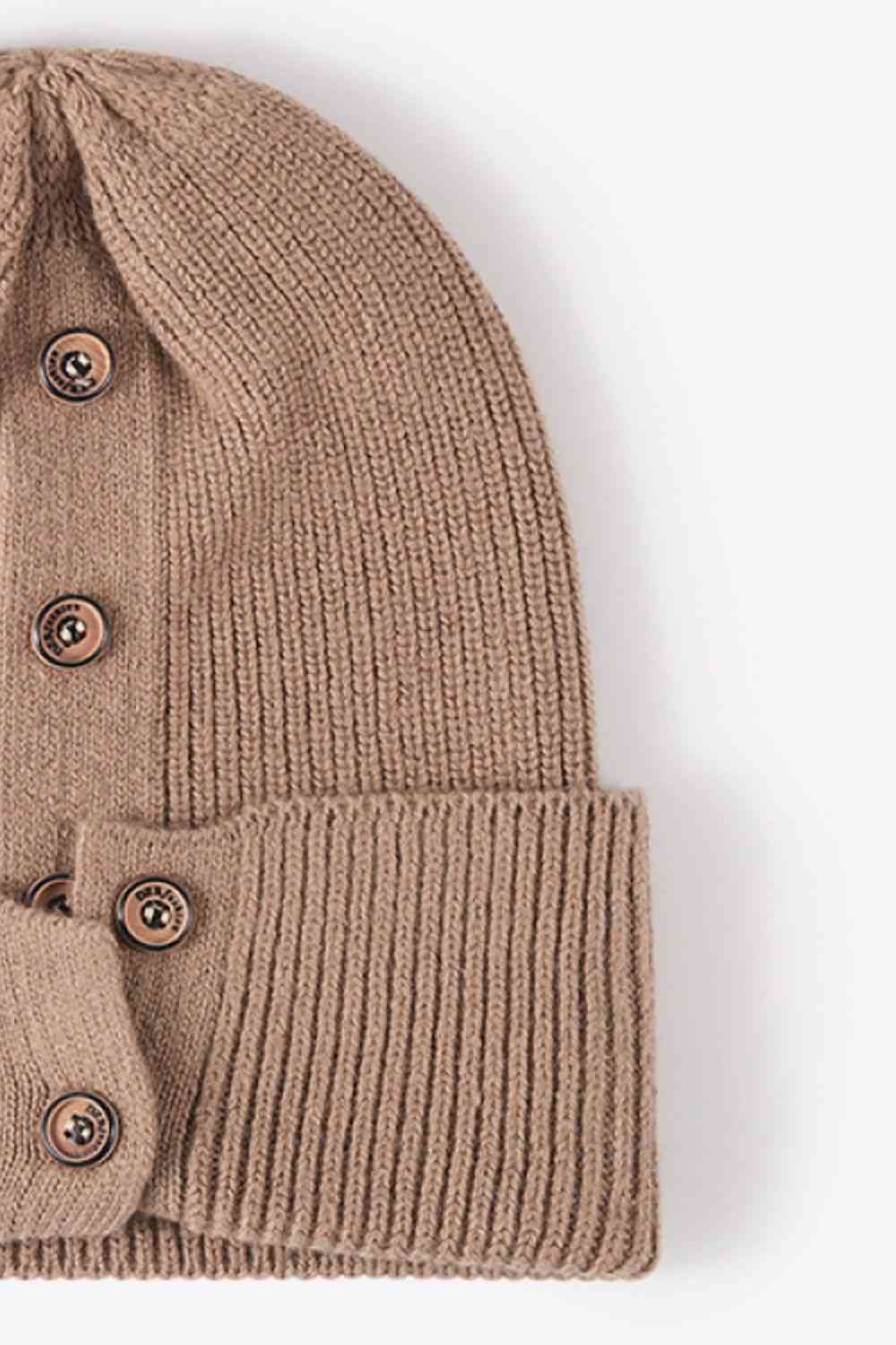 Button Detail Rib-Knit Cuff Beanie - TRENDMELO