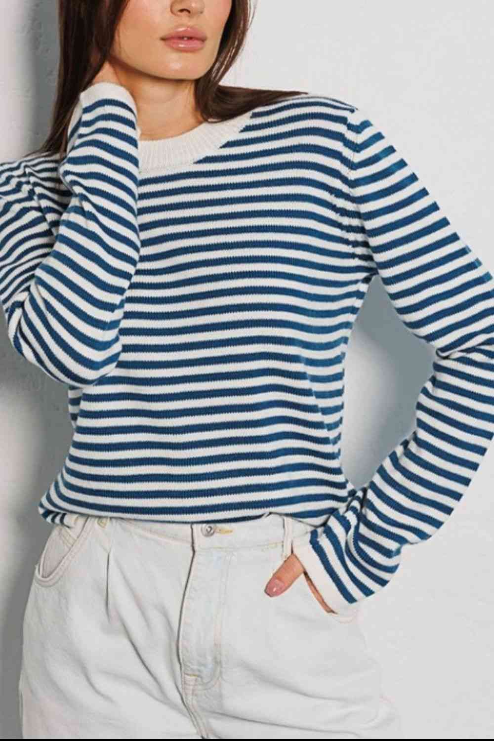 Striped Round Neck Long Sleeve Sweater - TRENDMELO
