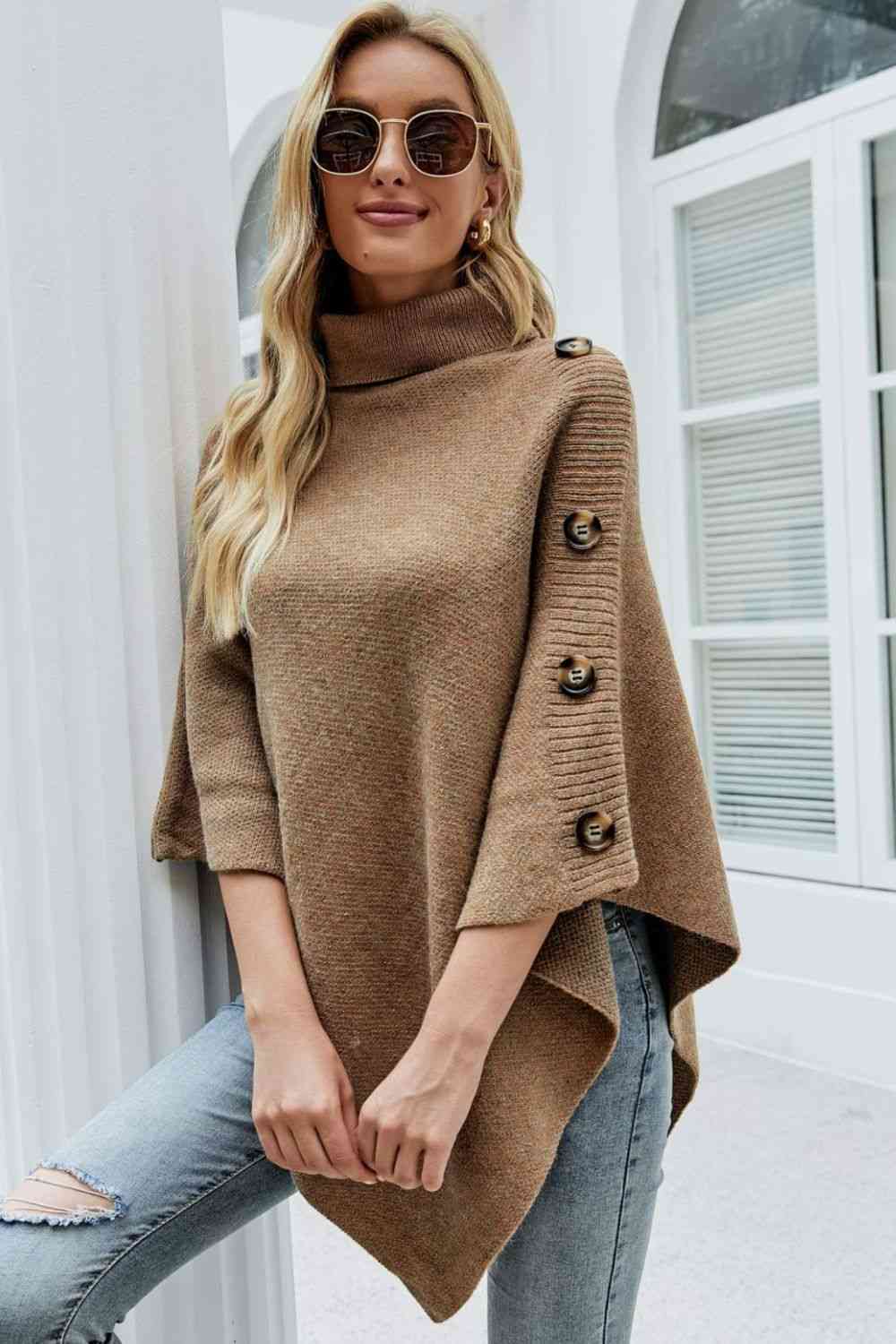 Turtleneck Buttoned Poncho - TRENDMELO