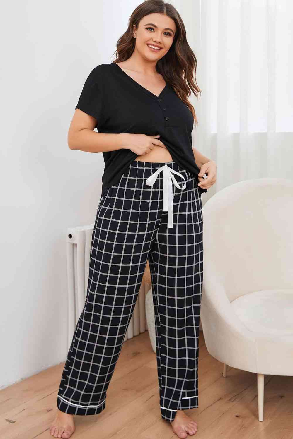 Plus Size V-Neck Top and Plaid Pants Lounge Set - TRENDMELO