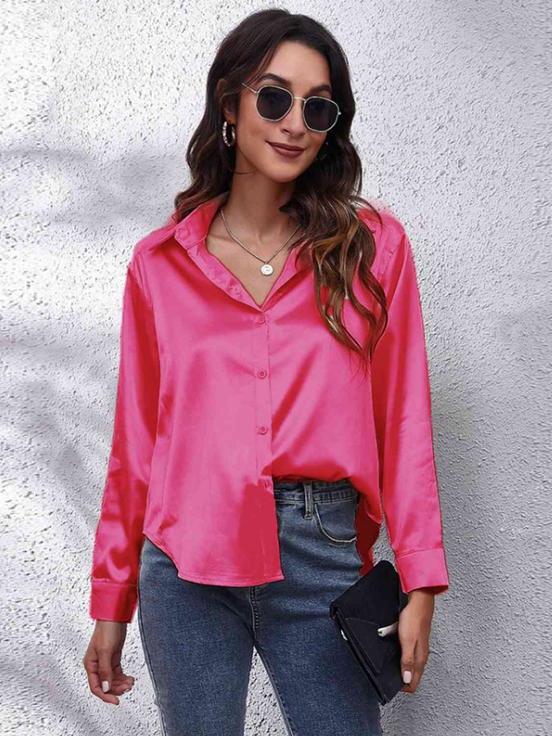 Collared Neck Buttoned Long Sleeve Shirt - TRENDMELO