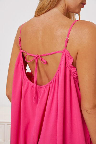 Full Size Ruffle Trim Tie Back Cami Jumpsuit with Pockets - TRENDMELO