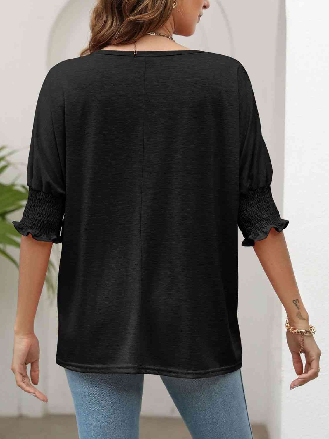 Smocked Flounce Sleeve Round Neck T-Shirt - TRENDMELO