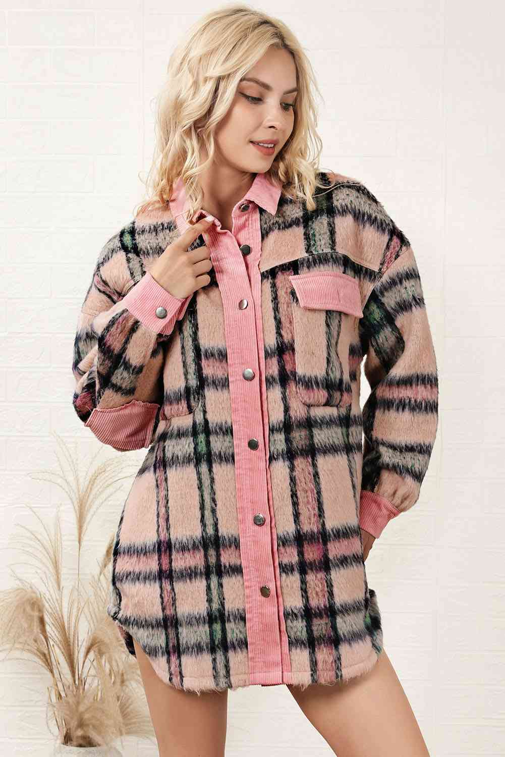 Plaid Button Down Drop Shoulder Jacket - TRENDMELO