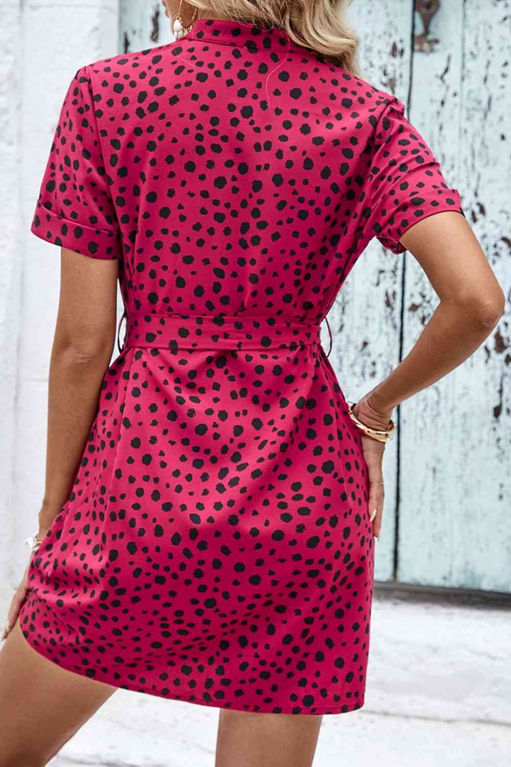 Dotted Short Sleeve Tie Belt Dress - TRENDMELO