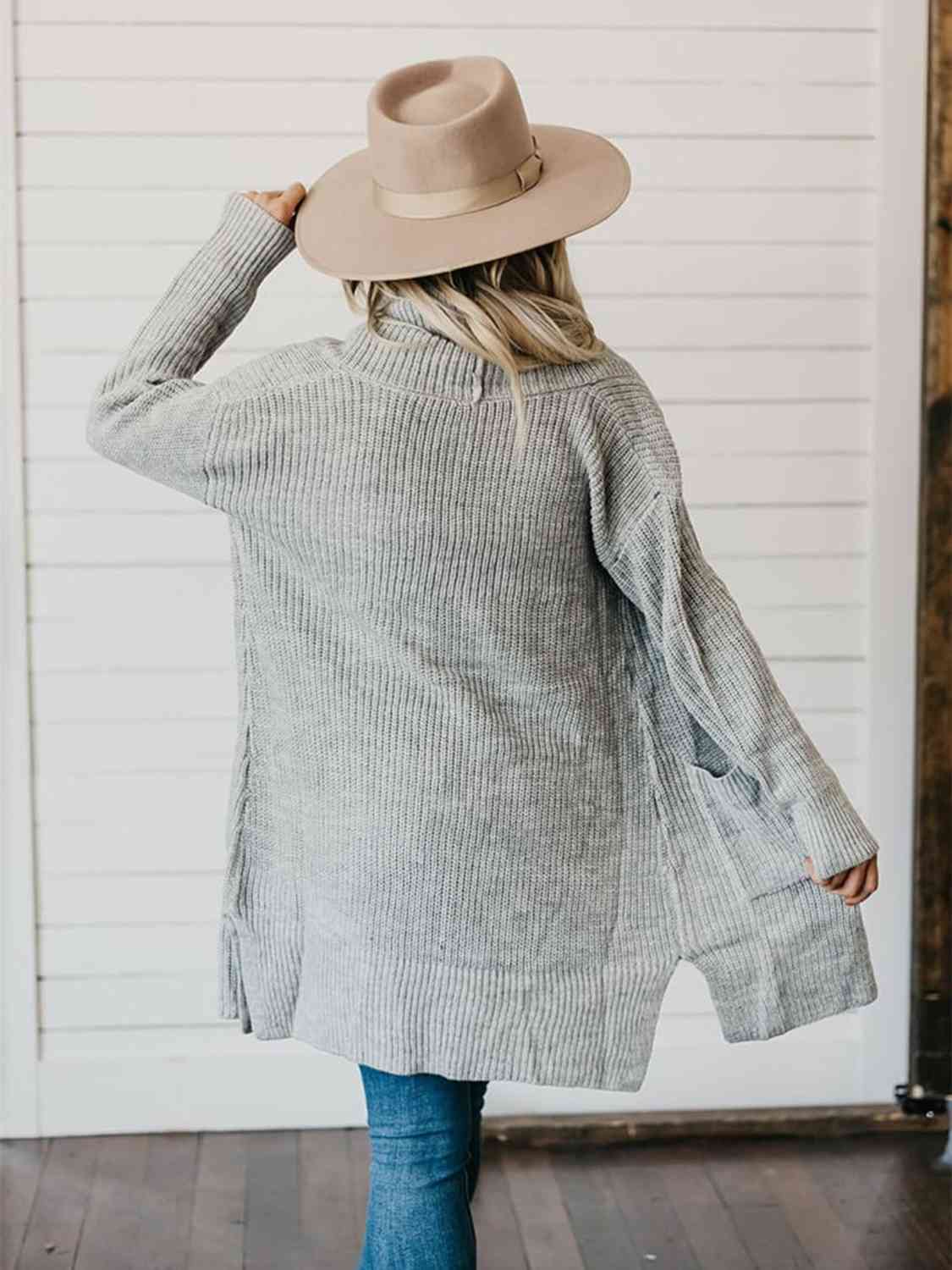 High-Low Open Front Cardigan with Pockets - TRENDMELO