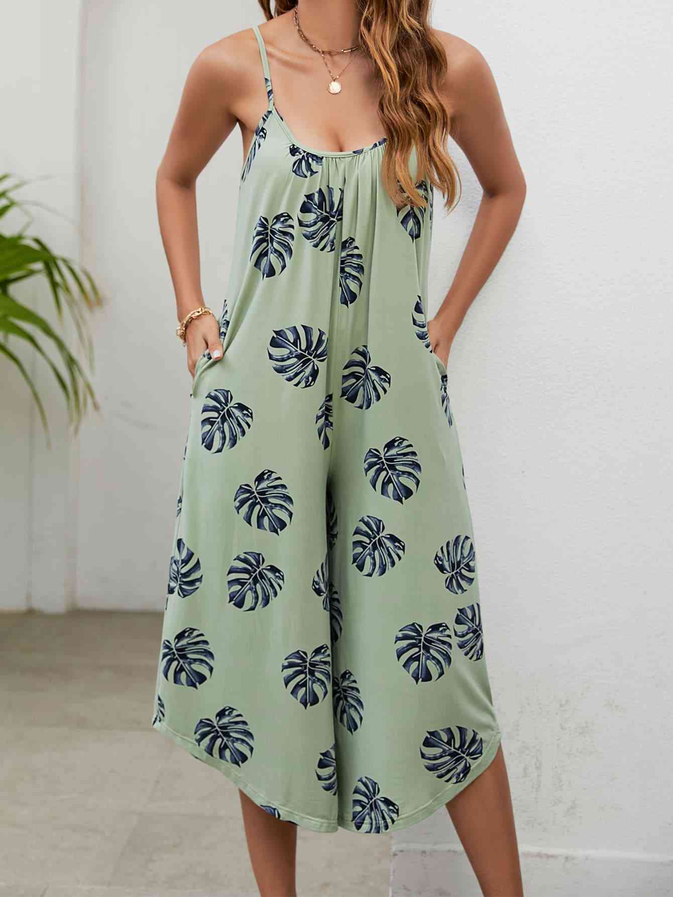 Botanical Print Spaghetti Strap Scoop Neck Jumpsuit - TRENDMELO