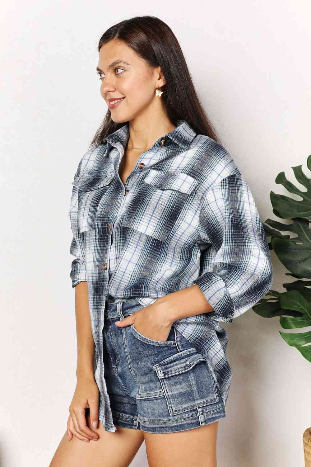 Double Take Plaid Dropped Shoulder Shirt - TRENDMELO