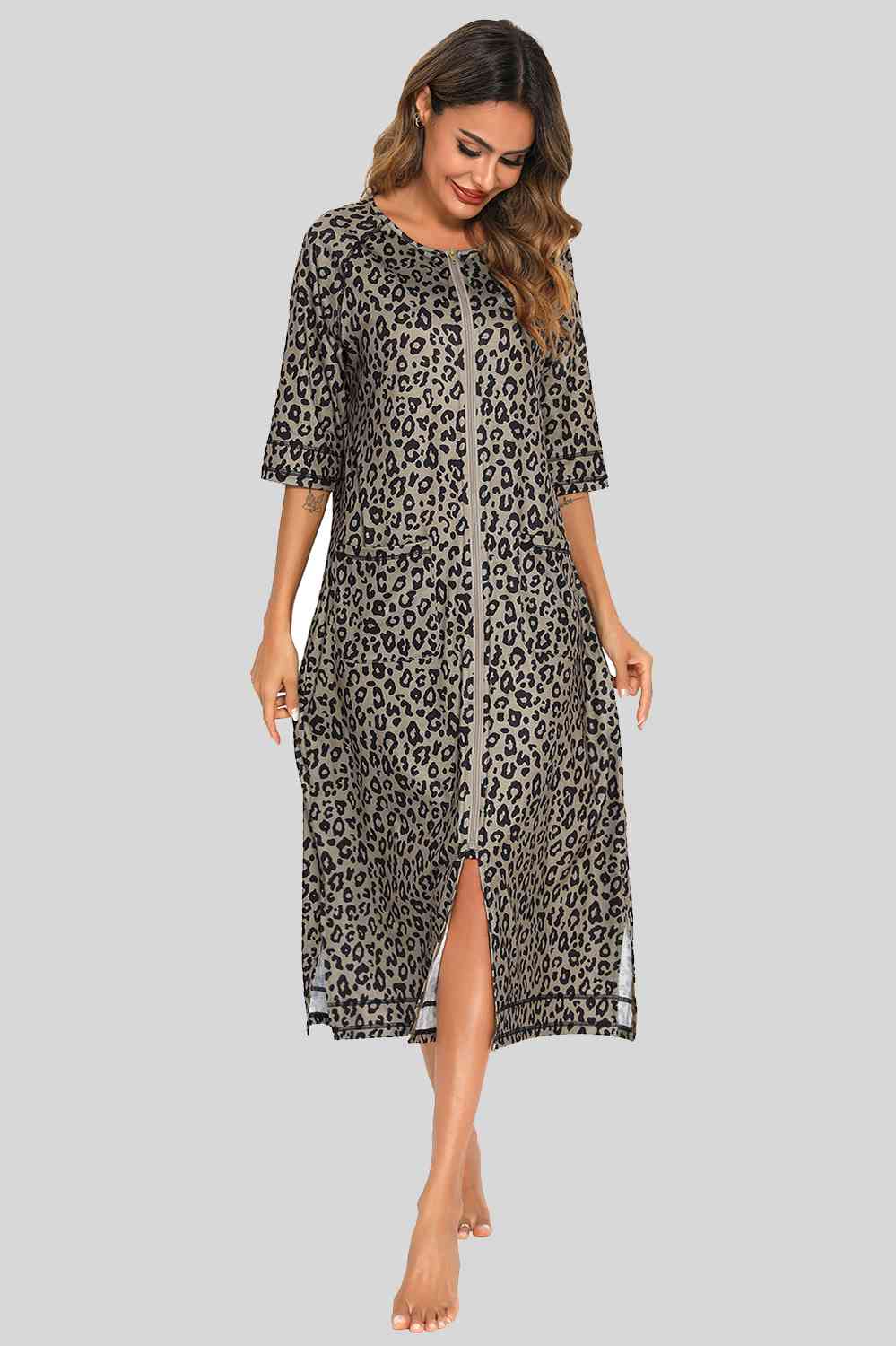 Printed Slit Night Dress with Pockets - TRENDMELO