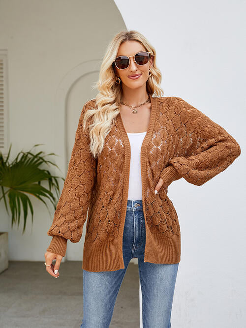 Openwork Open Front Lantern Sleeve Cardigan - TRENDMELO