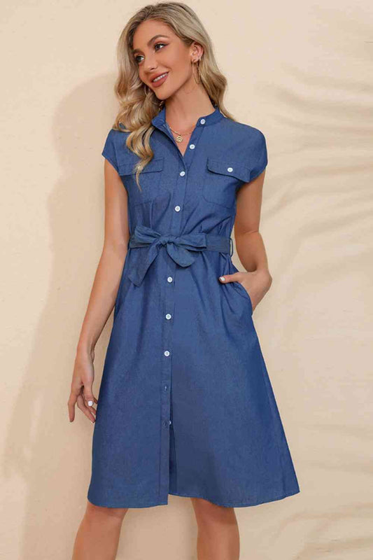 Button Down Belted Denim Dress - TRENDMELO