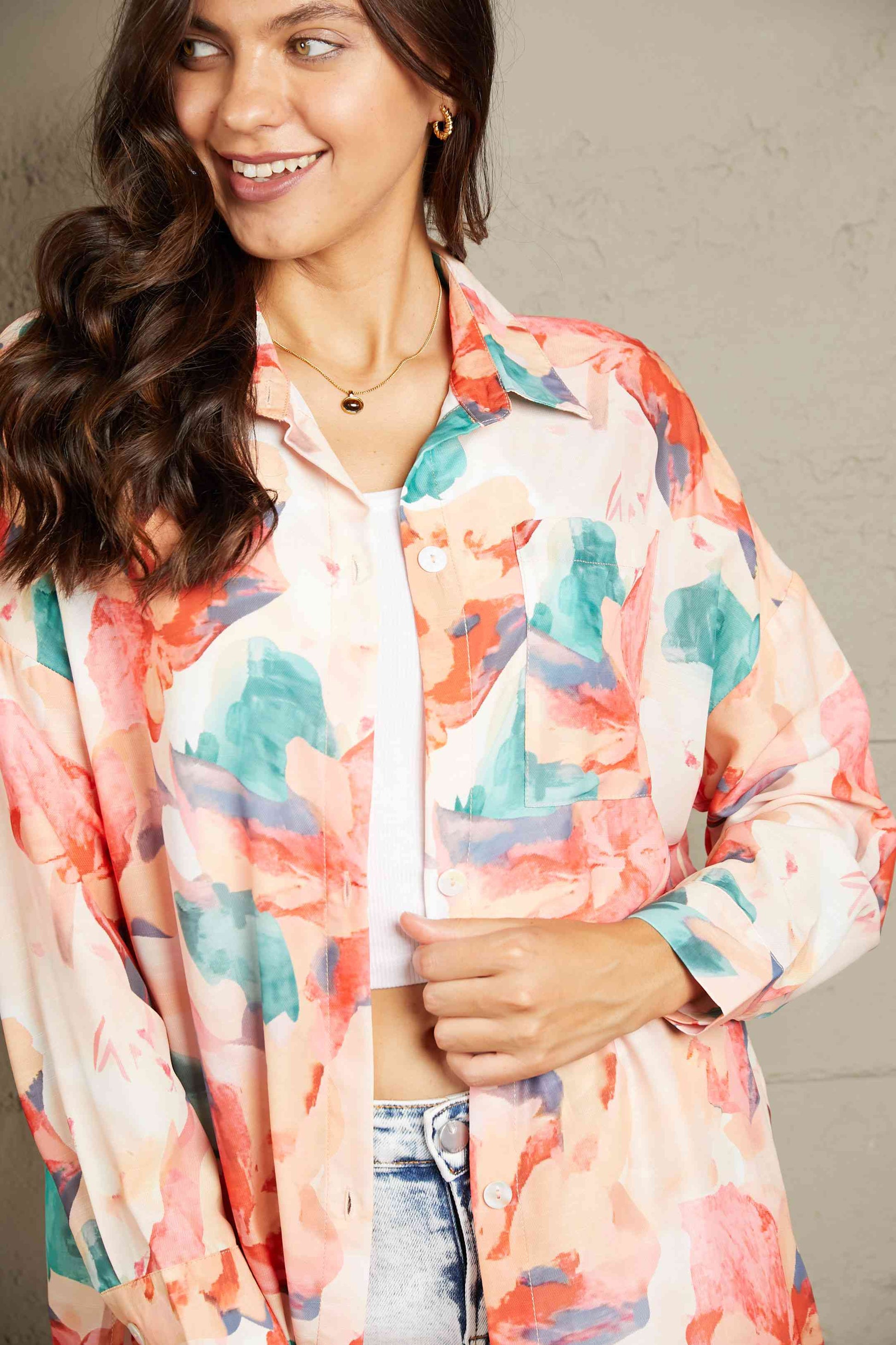 Double Take Floral Long Sleeve Slit Longline Shirt - TRENDMELO