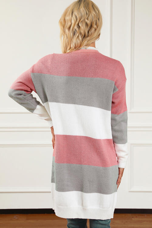 Striped Open Front Long Sleeve Cardigan - TRENDMELO