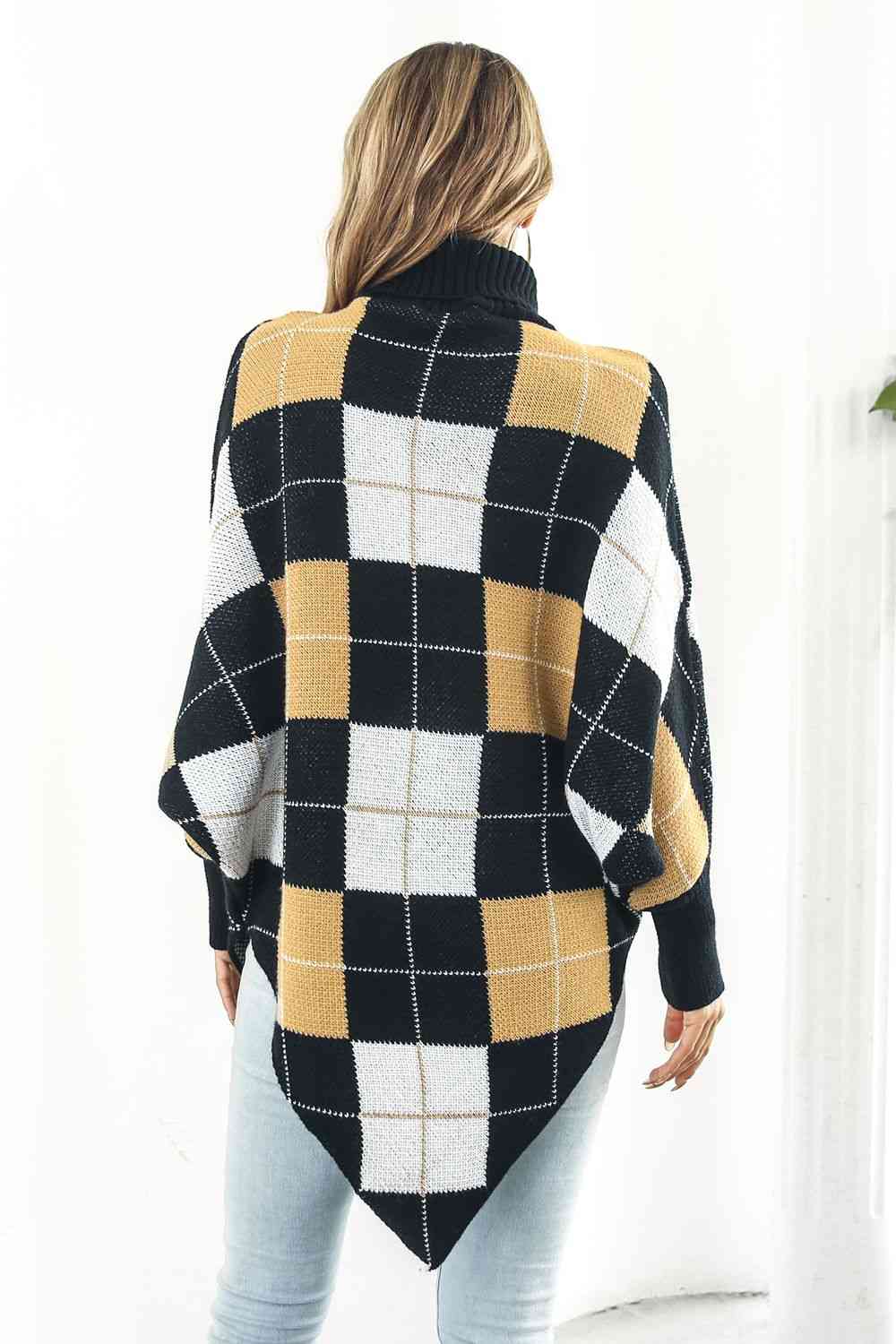 Plaid Turtleneck Dolman Sleeve Poncho - TRENDMELO