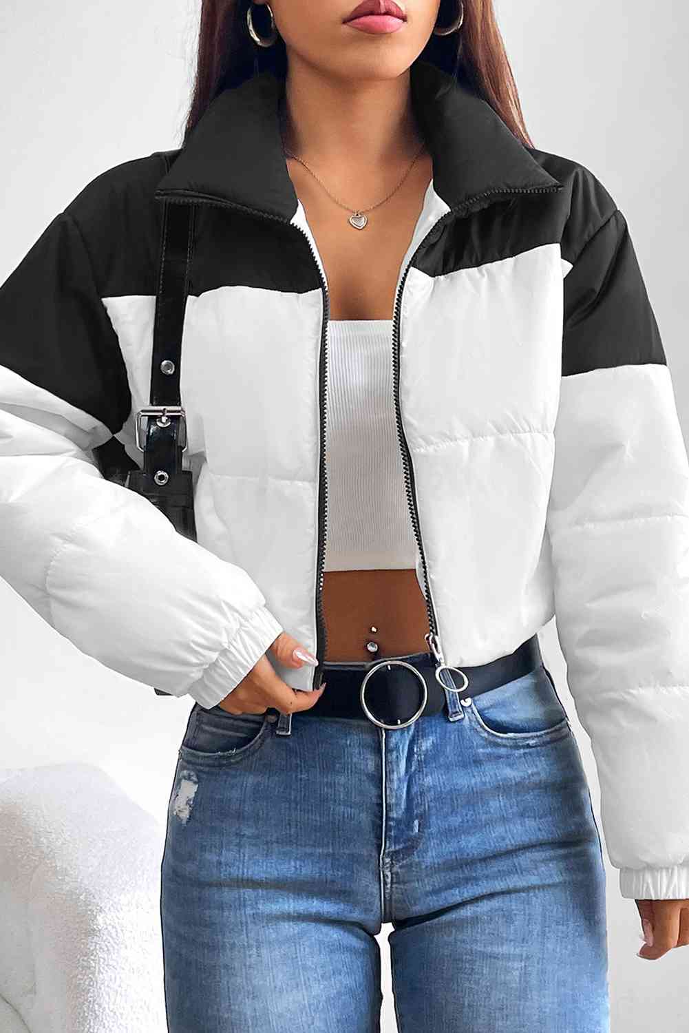 Collared Neck Color Block Puffer Jacket - TRENDMELO