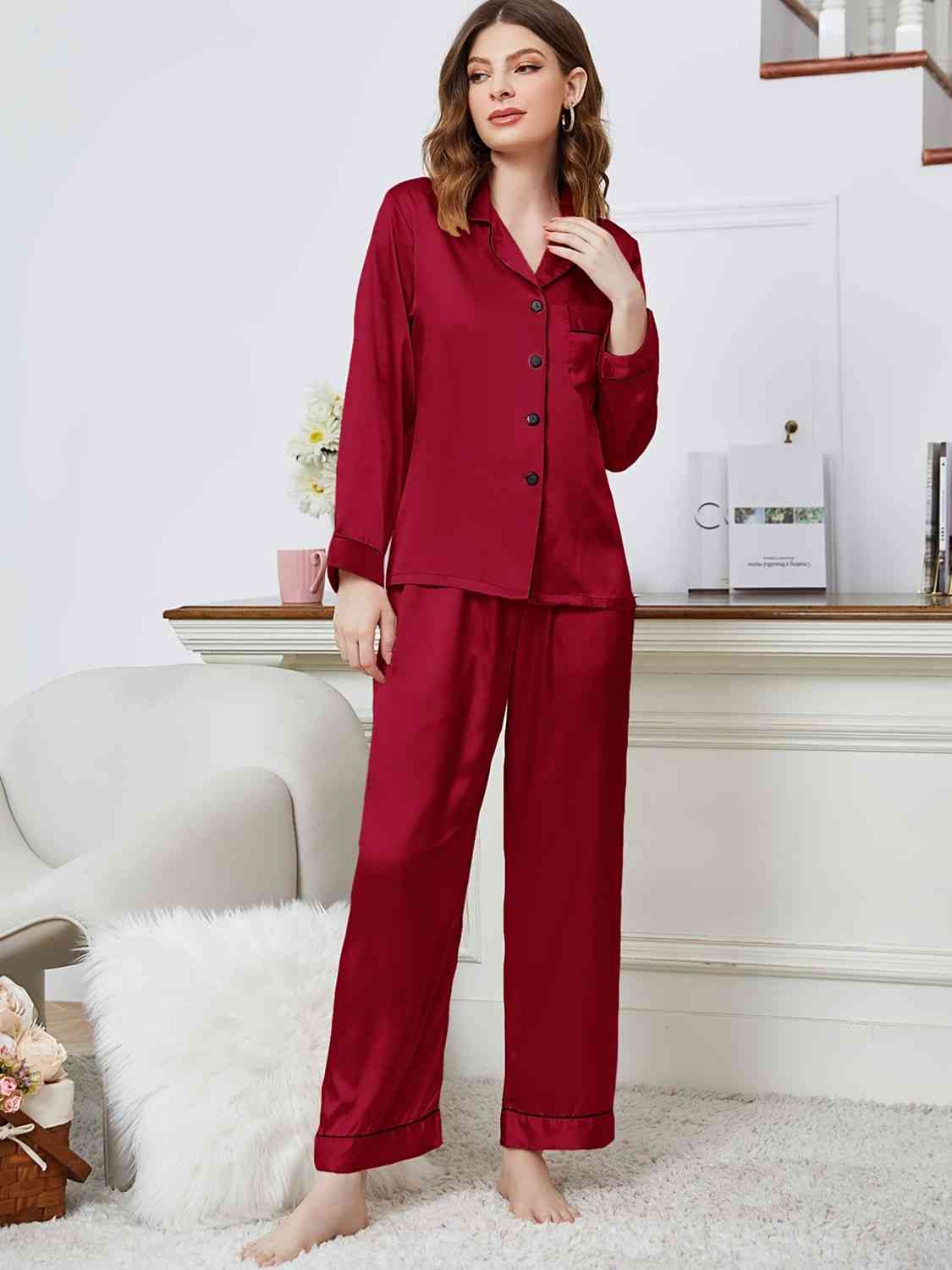 Lapel Collar Long Sleeve Top and Pants Pajama Set - TRENDMELO