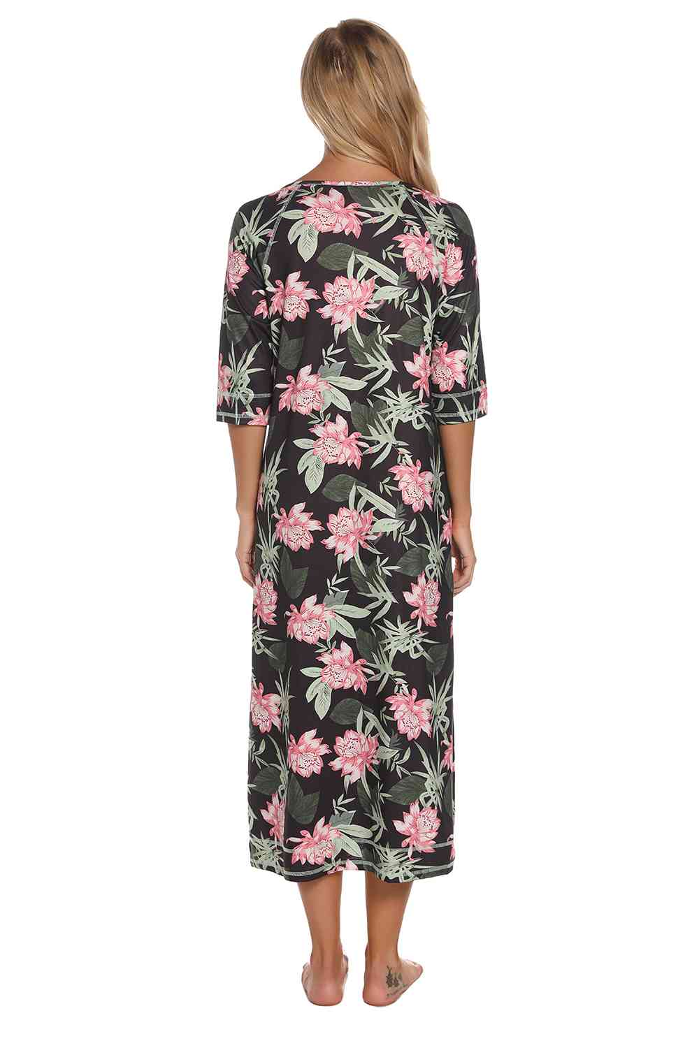 Printed Slit Night Dress with Pockets - TRENDMELO