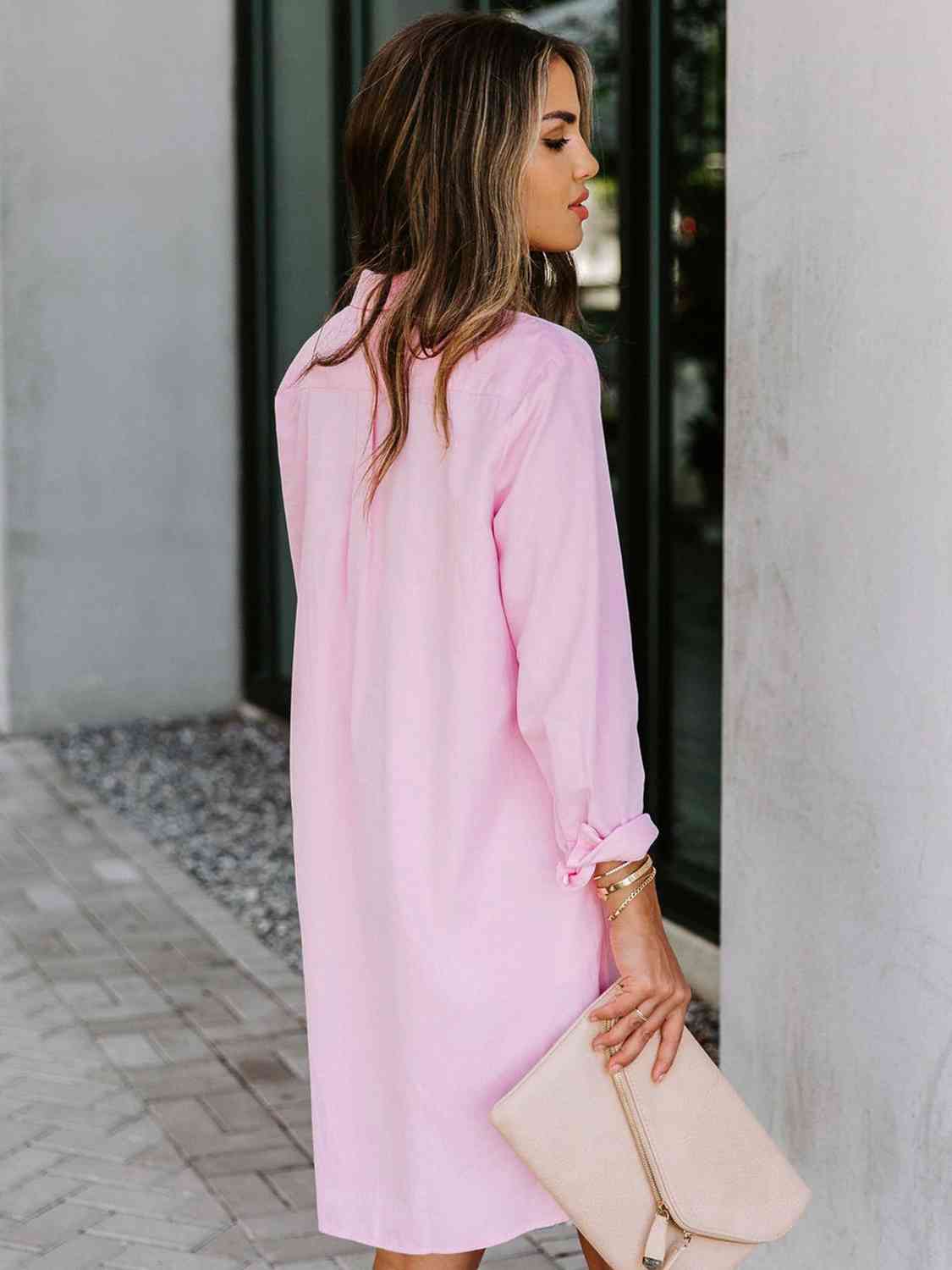 Button Up Collared Neck Long Sleeve Shirt Dress - TRENDMELO