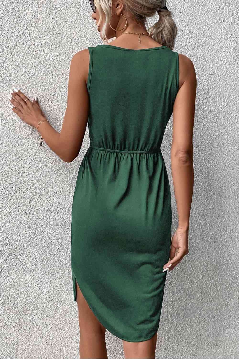 V-Neck Curved Hem Sleeveless Dress - TRENDMELO