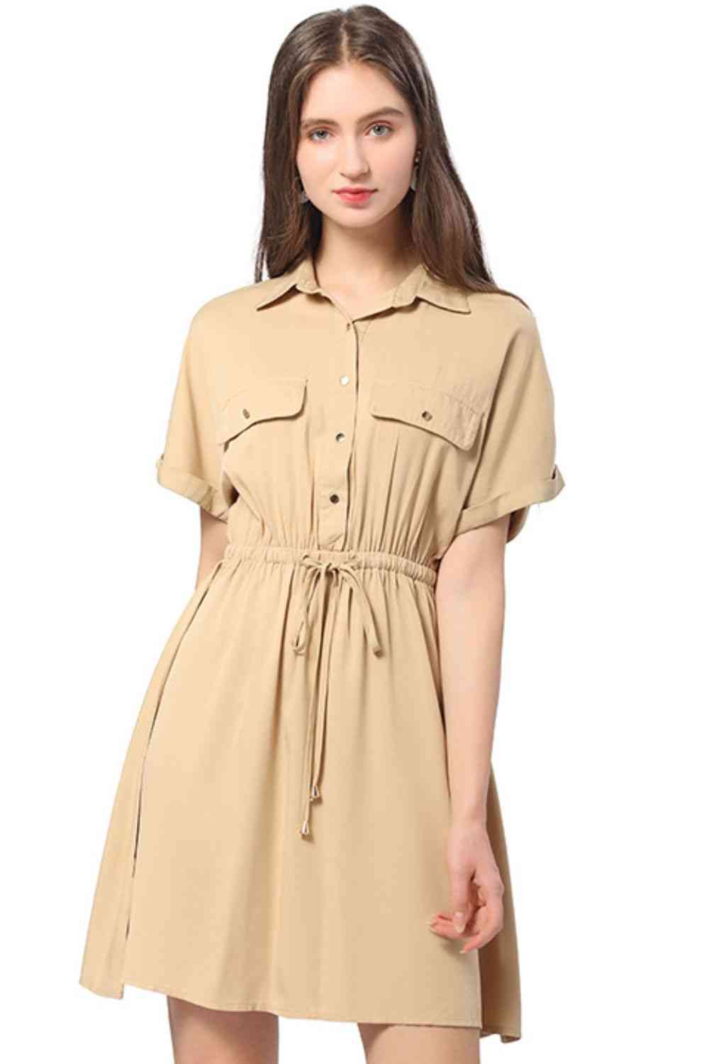 Half Button Drawstring Waist Short Sleeve Shirt Dress - TRENDMELO