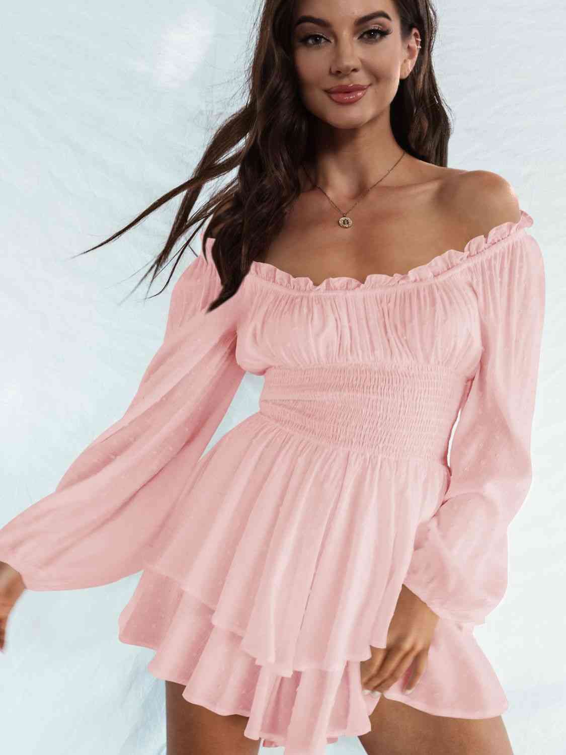 Off Shoulder Smocked Waist Romper - TRENDMELO