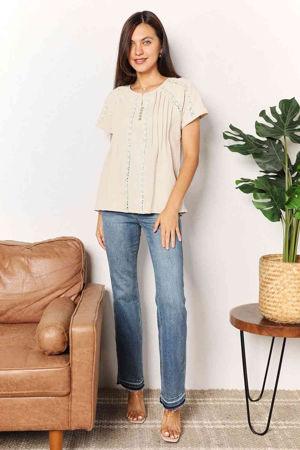 Double Take Crochet Buttoned Short Sleeves Top - TRENDMELO