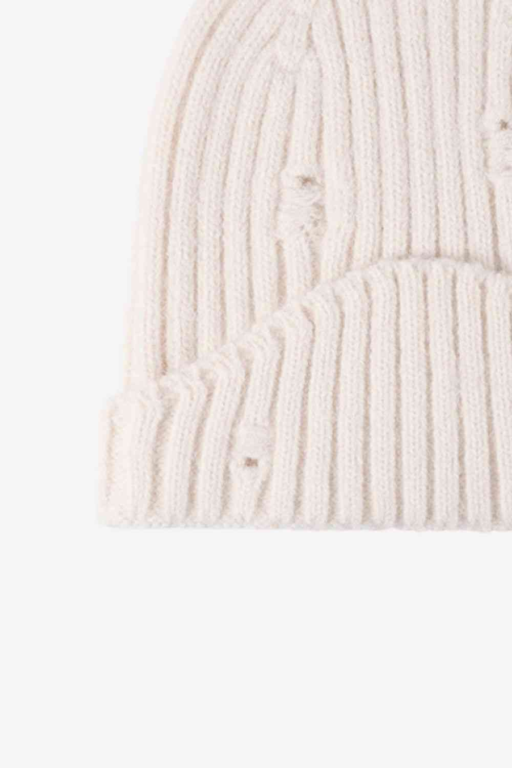 Distressed Rib-Knit Beanie - TRENDMELO