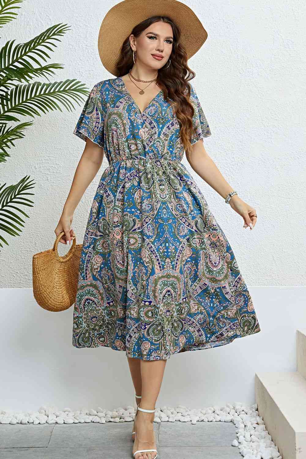 Printed Flutter Sleeve Midi Dress - TRENDMELO