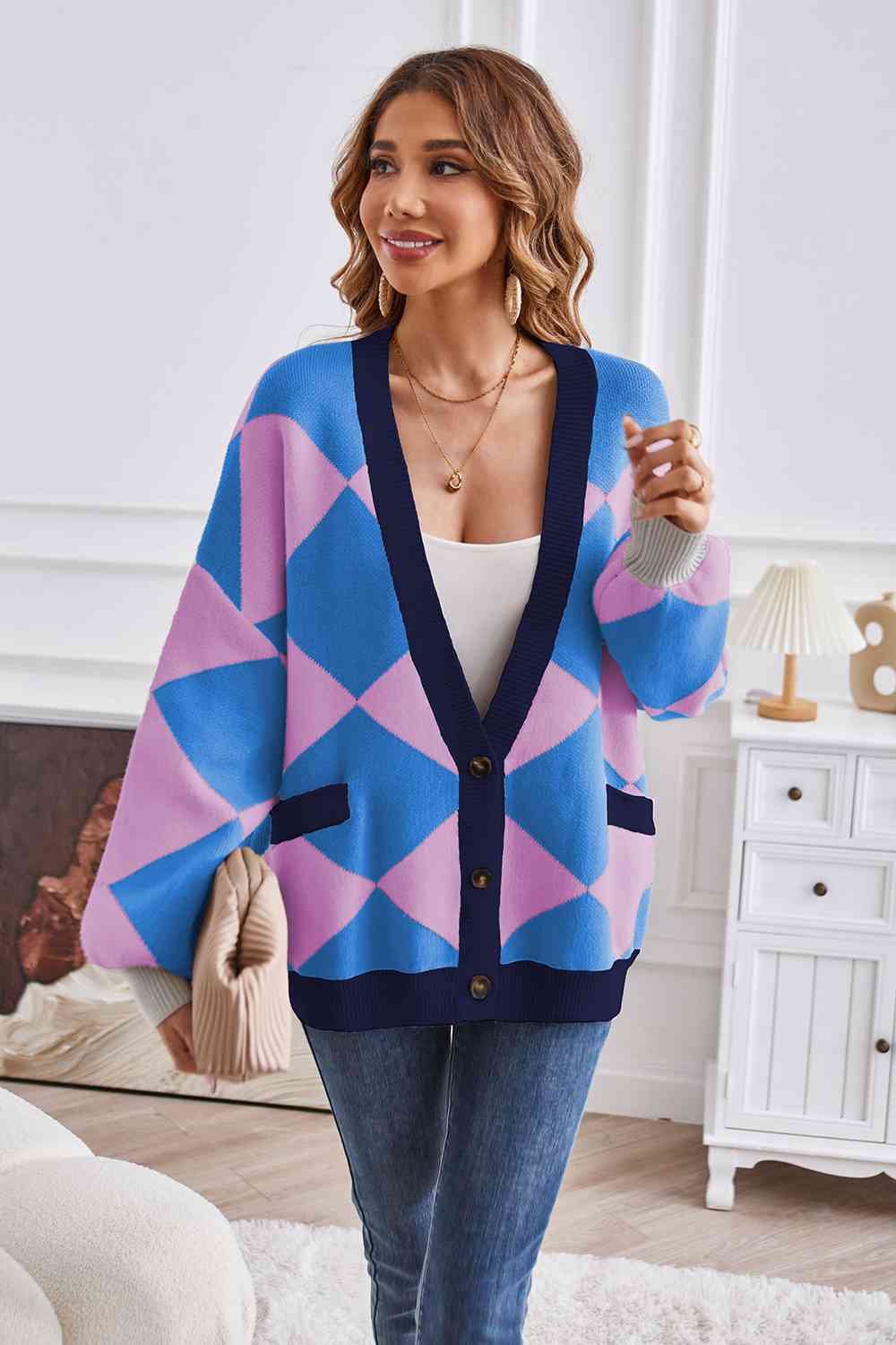 Geometric Lantern Sleeve Cardigan with Pockets - TRENDMELO