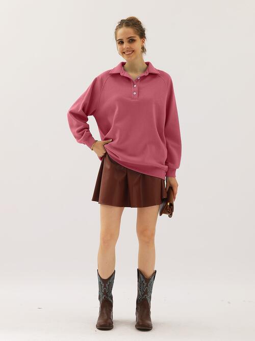 Ninexis Full Size Quarter-Button Collared Sweatshirt - TRENDMELO