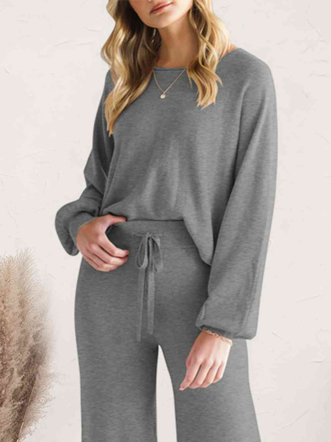 Long Sleeve Lounge Top and Drawstring Pants Set - TRENDMELO