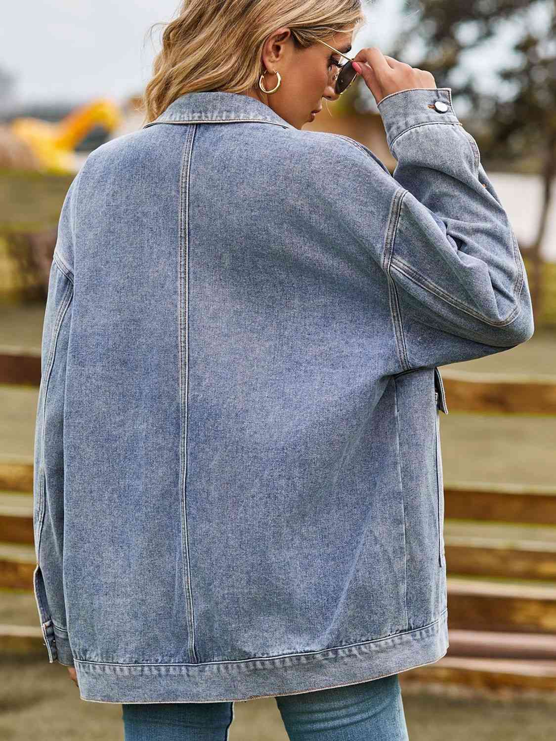 Dropped Shoulder Denim Jacket with Pockets - TRENDMELO